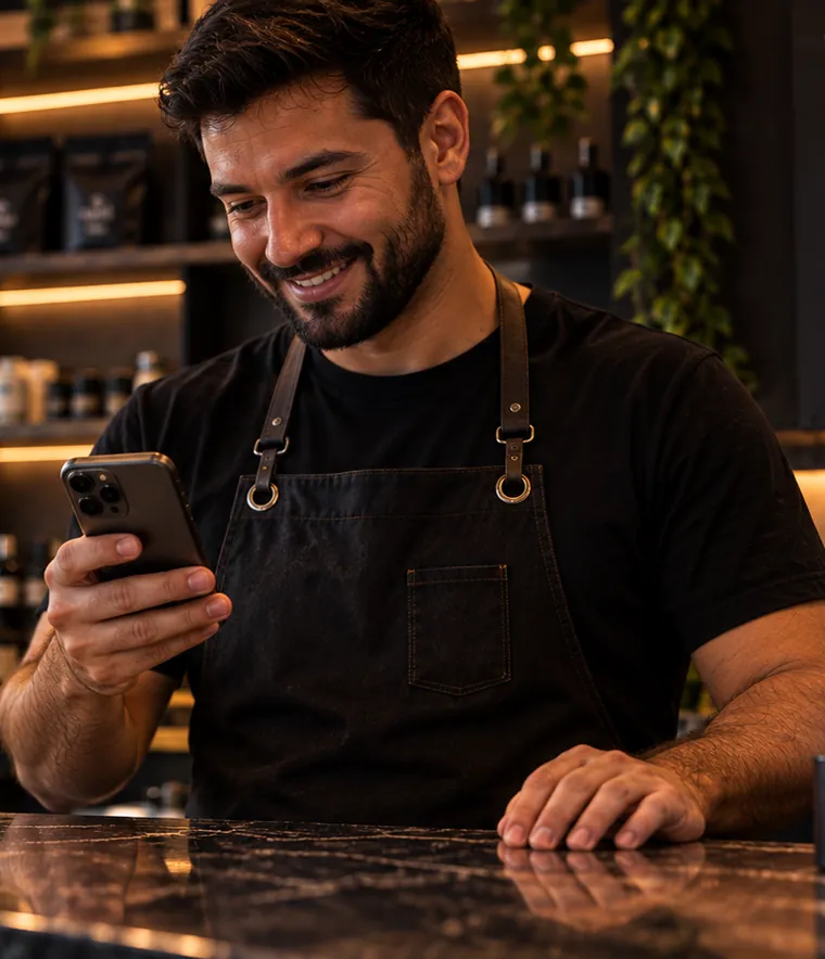 Dono de estabelecimento conferindo o painel no celular